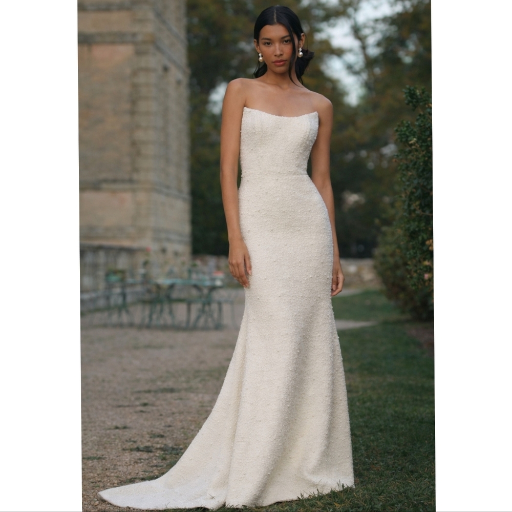 Watters Addie Wedding Gown Size 14 Ivory Beaded Strapless Bridal Dress Tweed